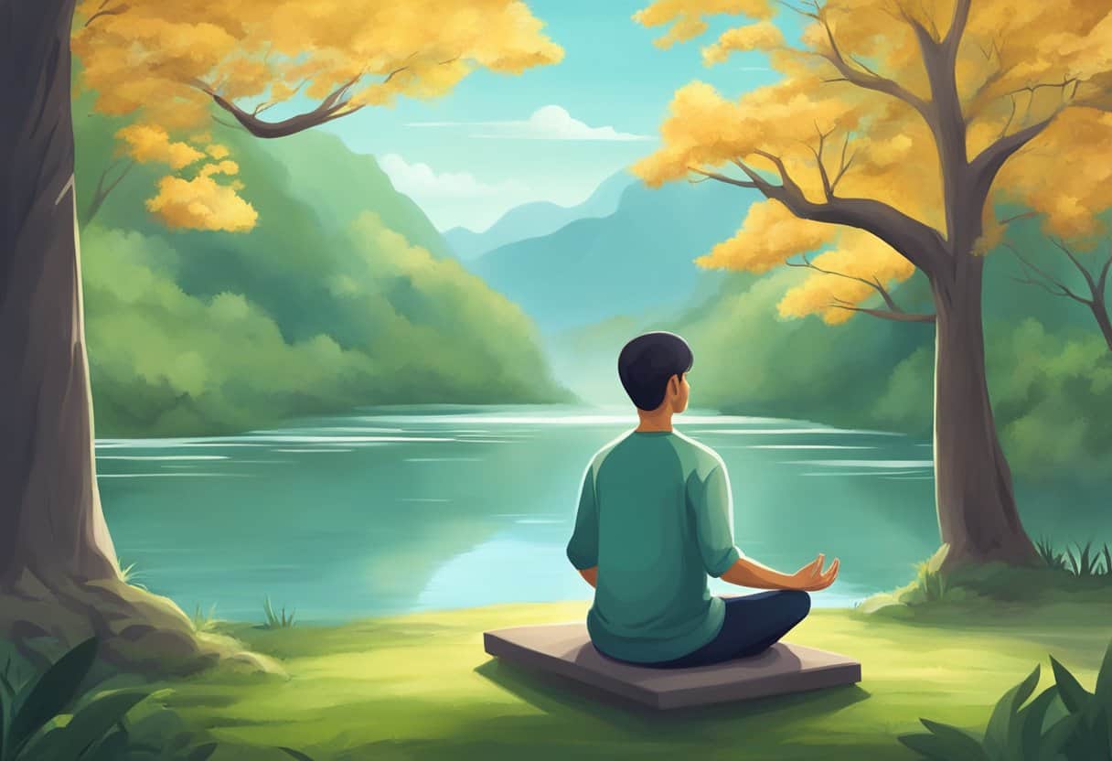 A serene person meditates in a peaceful setting surrounded by nature and calmness
