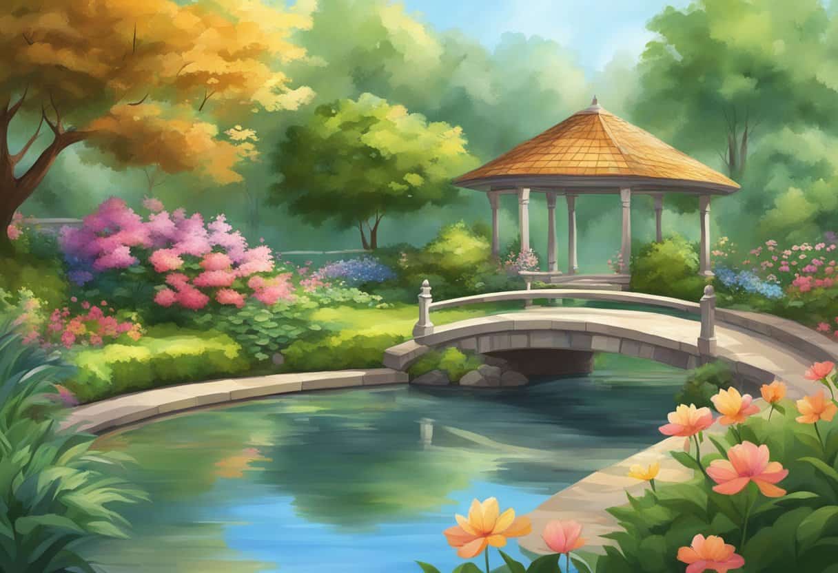 A serene garden with a peaceful pond, surrounded by lush greenery and colorful flowers. A gentle breeze rustles the leaves, creating a sense of tranquility and calmness