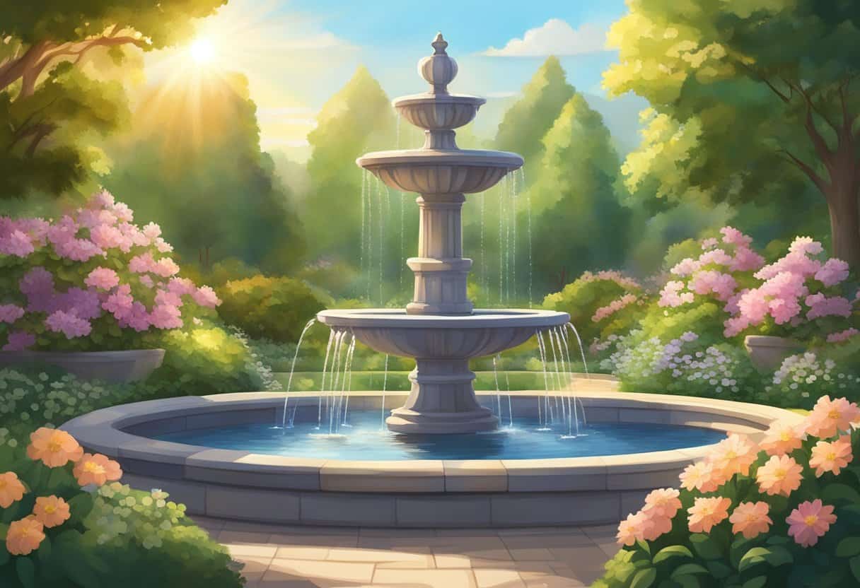 A serene garden with a peaceful fountain, surrounded by blooming flowers and lush greenery. The sun is shining, casting a warm glow over the tranquil setting
