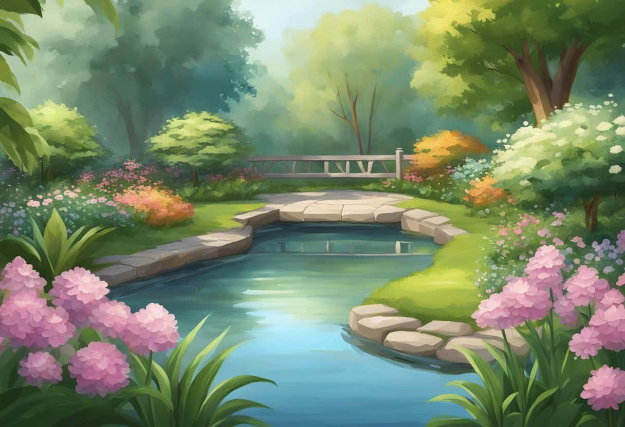 A serene garden with a peaceful pond, surrounded by blooming flowers and lush greenery. A gentle breeze rustles the leaves, creating a calming atmosphere for meditation