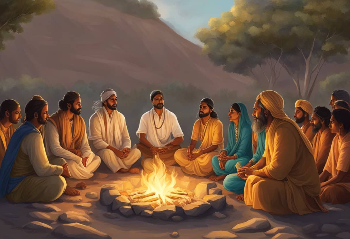 A group of rishis gathered around a sacred fire, answering questions from devotees
