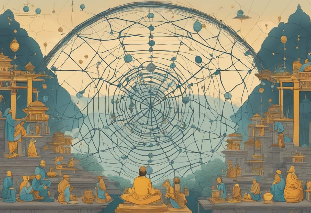 The scene shows a web of interconnected symbols representing the influence of samskaras on daily life. Patterns intertwine, reflecting the subconscious imprints shaping human experience