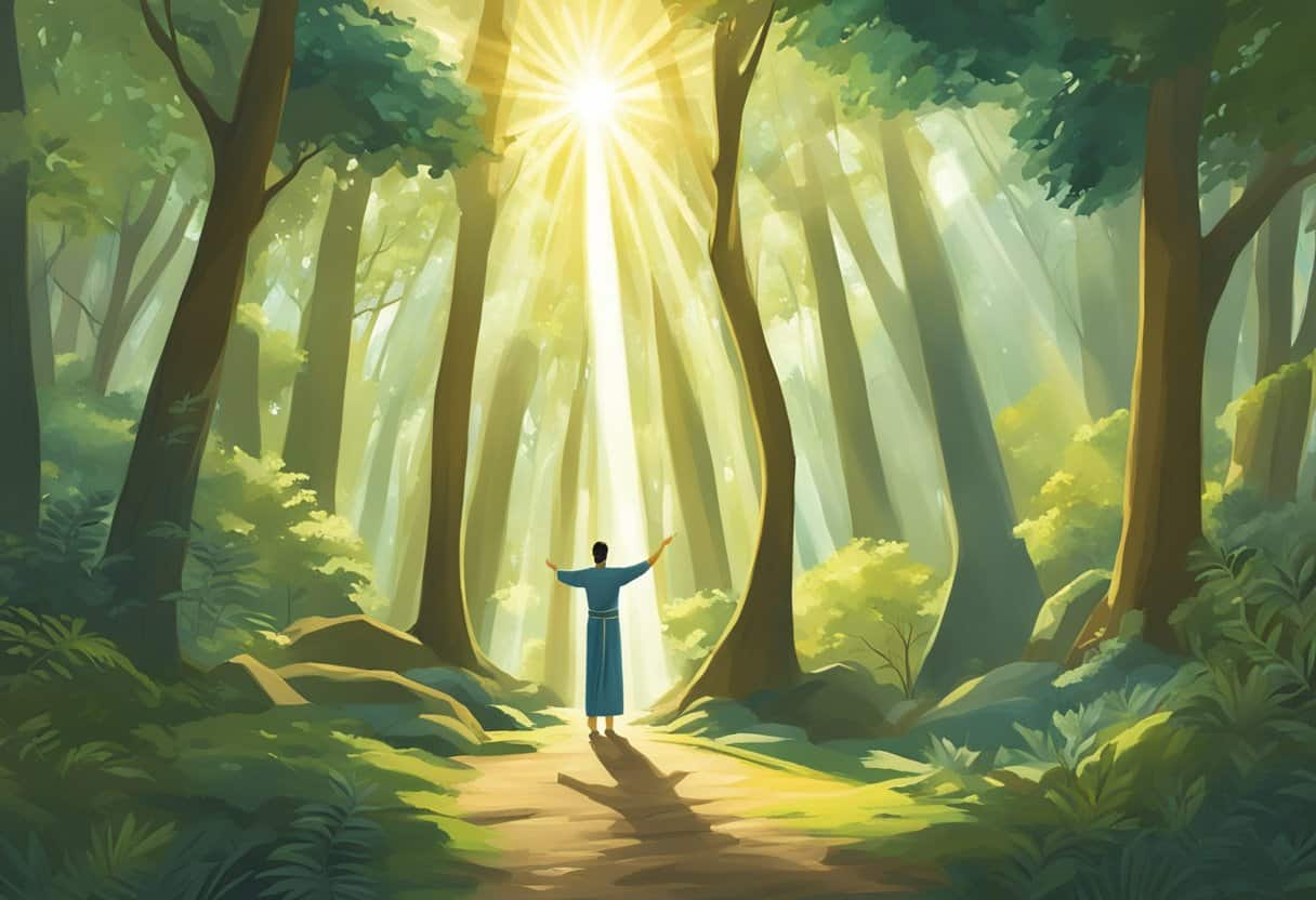 Rishis imparting spiritual teachings in a serene forest setting with rays of sunlight filtering through the trees