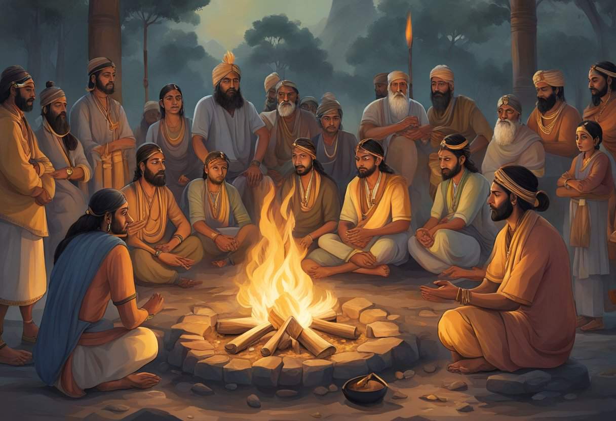 A group of rishis gather around a sacred fire, chanting and performing rituals, surrounded by symbols of cultural and social influence