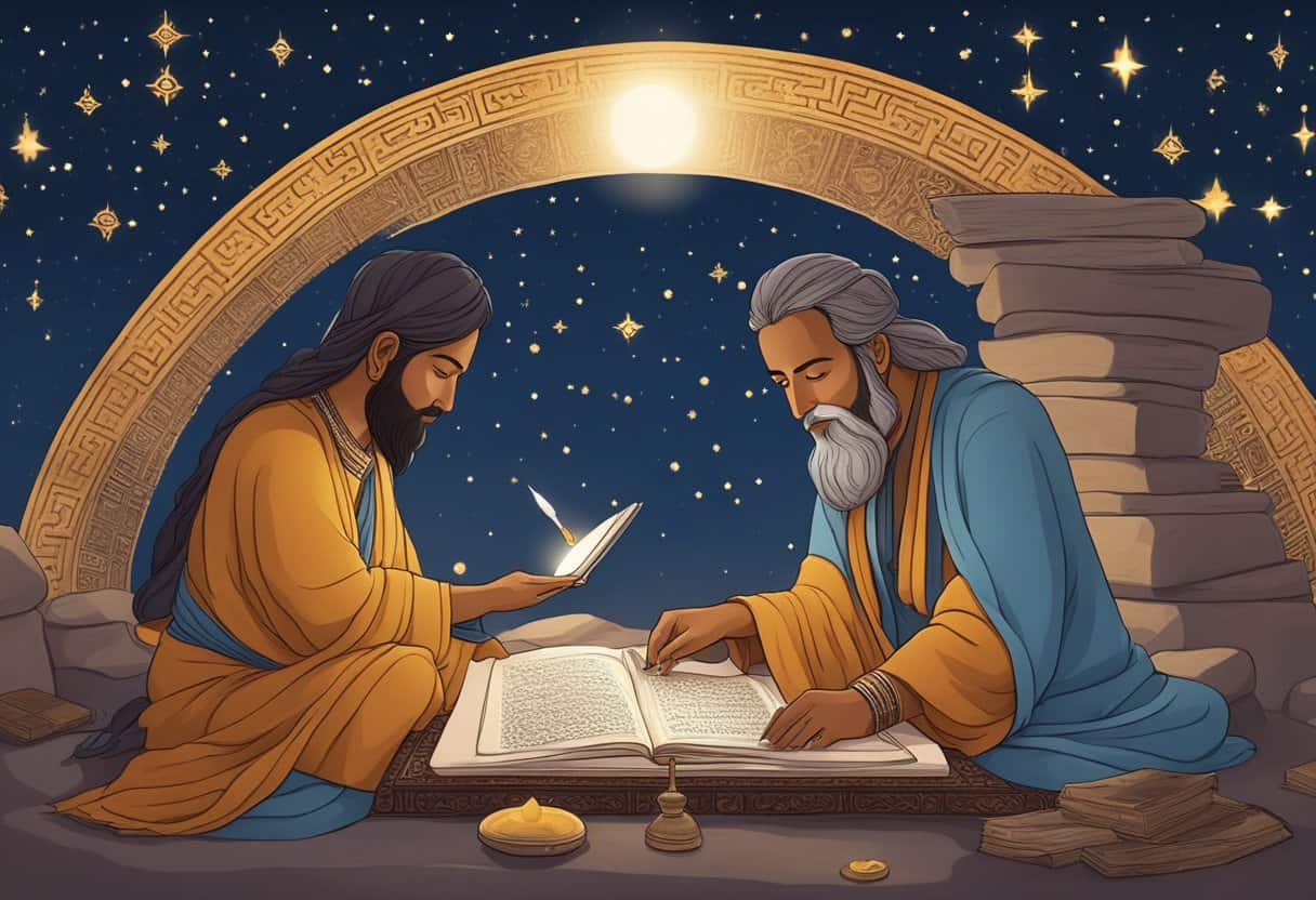 Ancient rishis writing sacred texts under a starry night sky