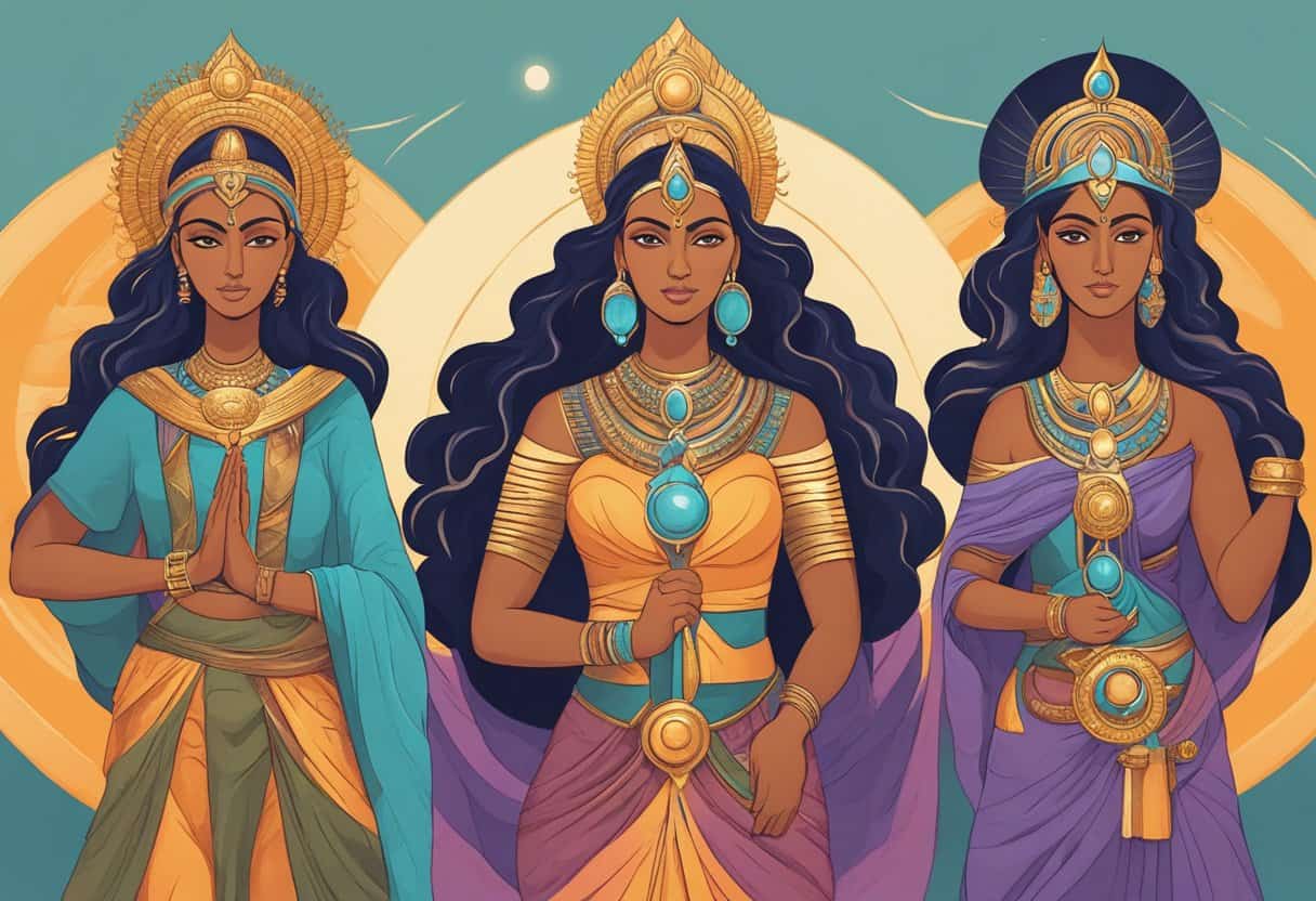 A group of three powerful goddesses stand together, each representing a different aspect of life and holding their respective symbols