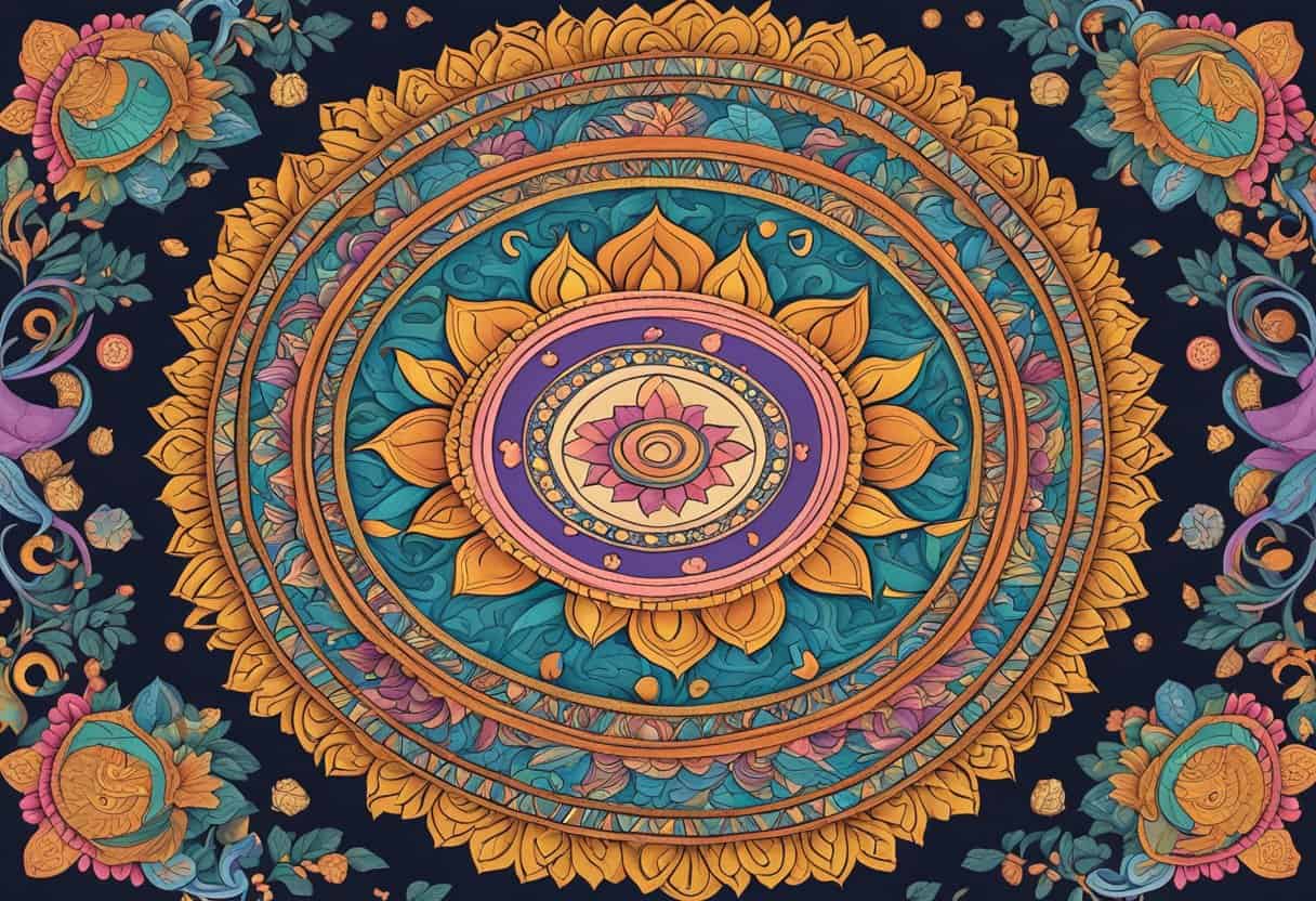 A colorful mandala surrounded by traditional cultural symbols and patterns, representing the tridevi and their significance in Hindu mythology