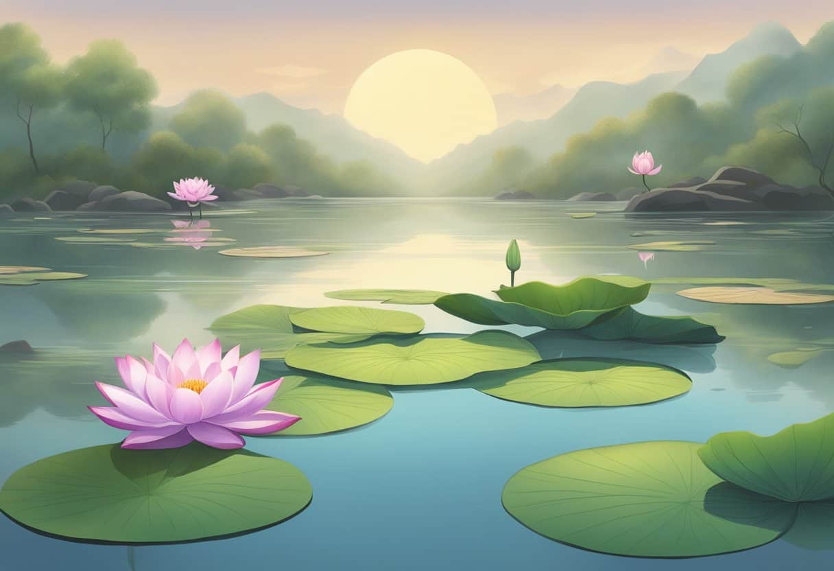 A serene lotus pond with a blooming flower and a withered one, symbolizing samsara and nirvana