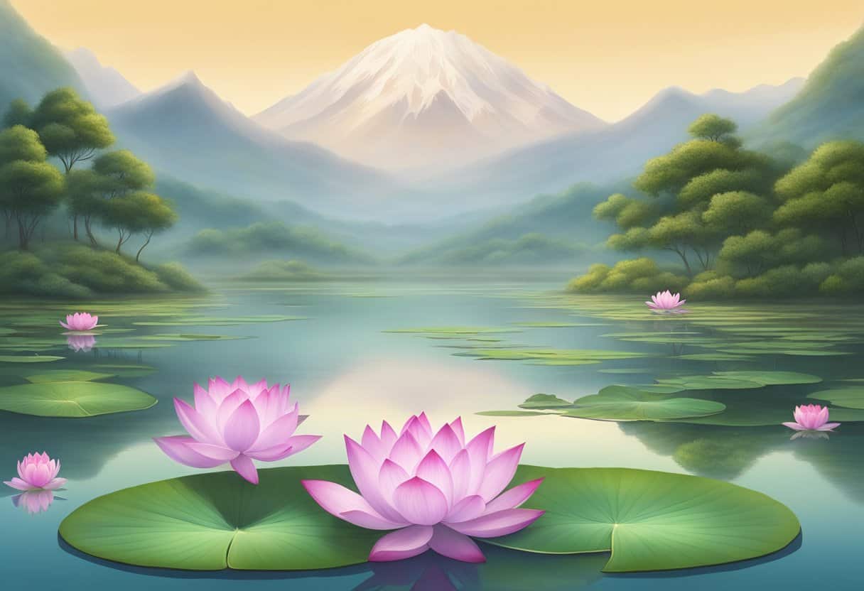 A serene landscape with a blooming lotus flower floating on a tranquil pond, surrounded by lush greenery and a distant misty mountain, representing the cycle of samsara and the ultimate goal of nirvana in Buddhism