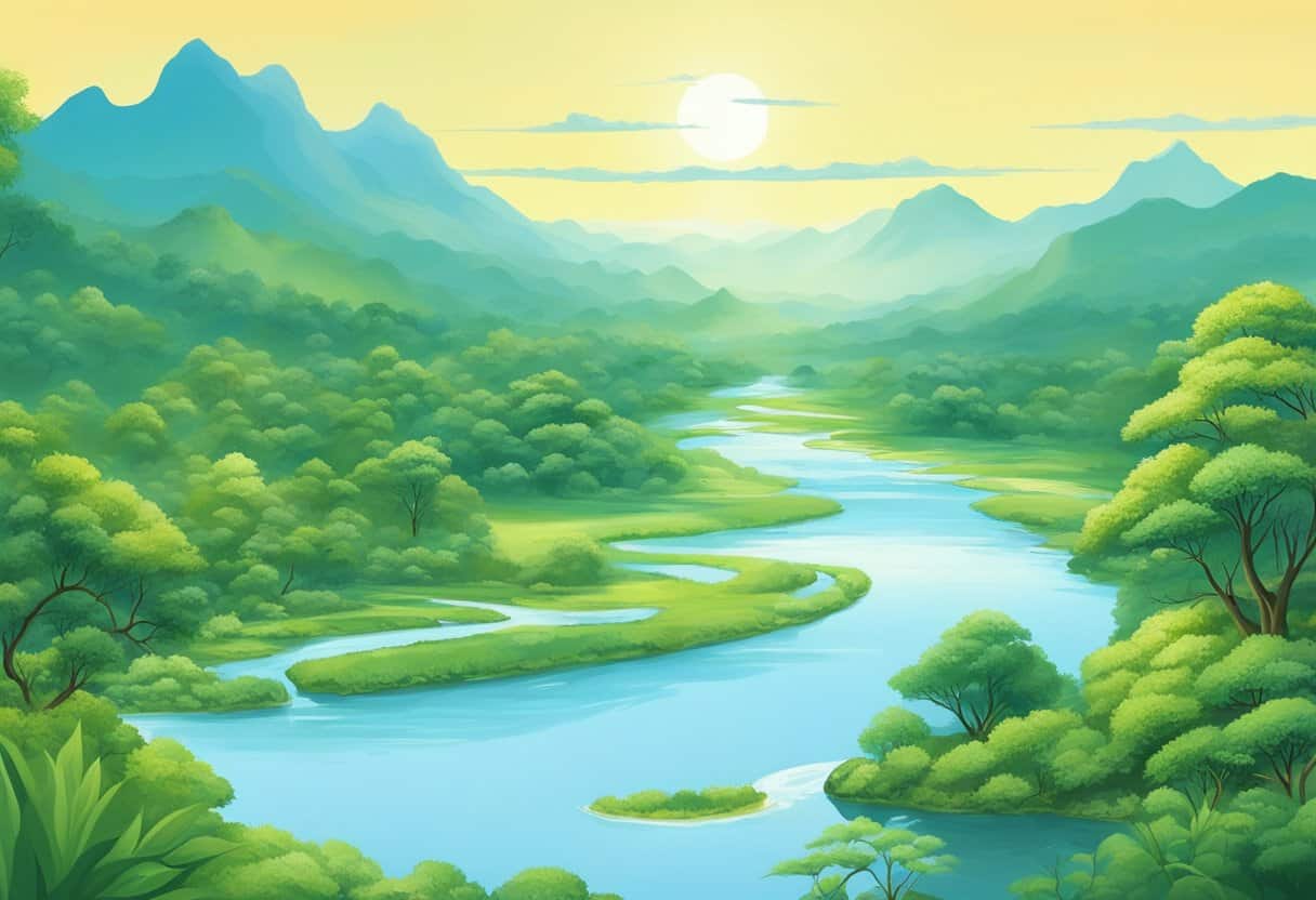 A serene landscape with a flowing river, lush greenery, and a clear blue sky, representing the contrast between samsara and nirvana