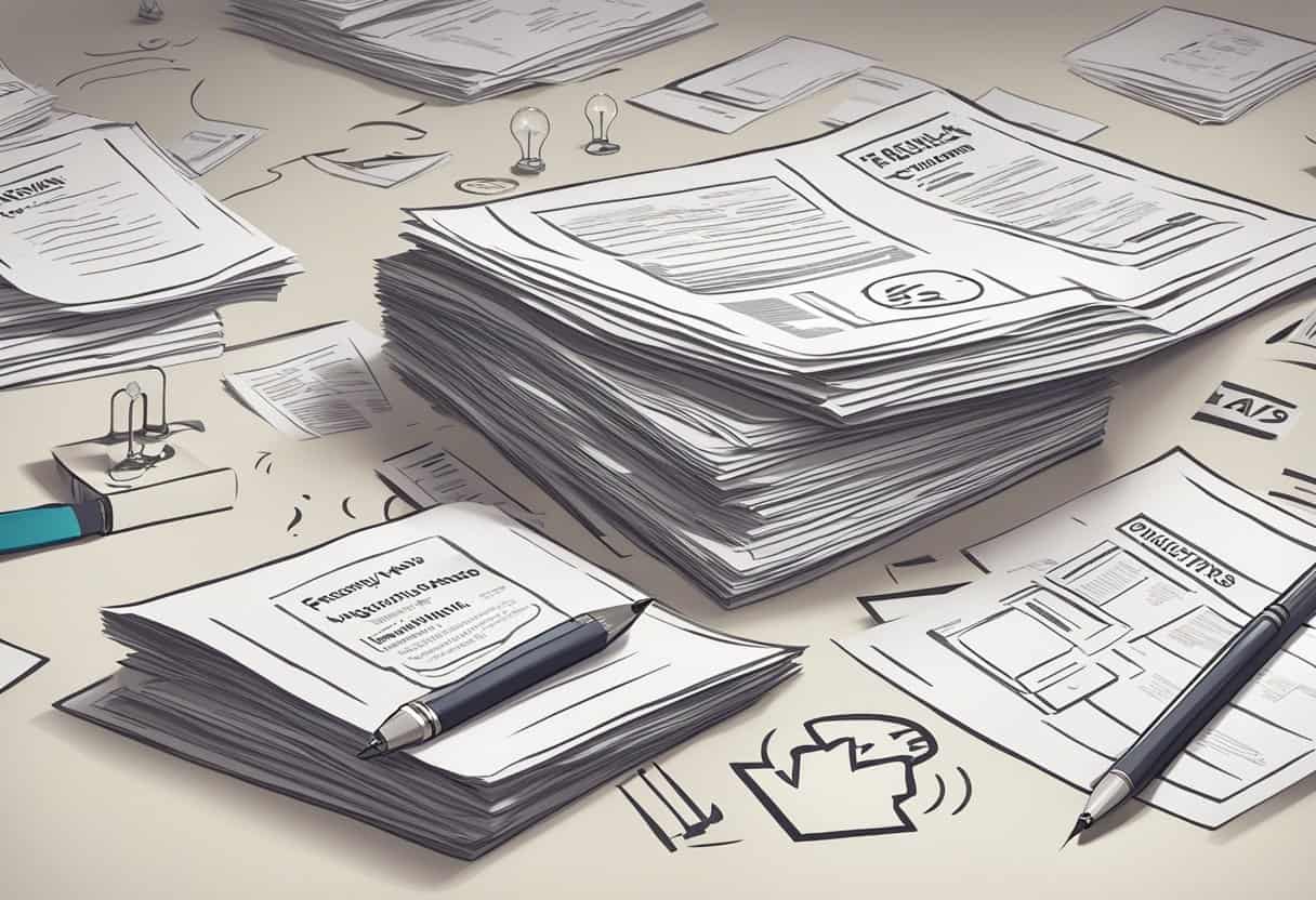A stack of papers with "Frequently Asked Questions samskaras" printed on top, surrounded by question marks and lightbulbs