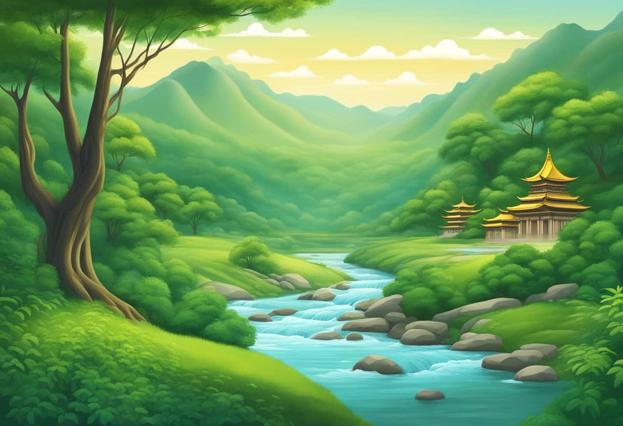 A serene landscape with a river flowing through lush greenery, symbolizing the cycle of samsara and the ultimate goal of nirvana in Buddhist teachings