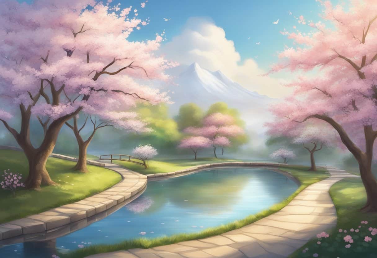 A serene garden with a winding path, blooming cherry blossoms, and a tranquil pond reflecting the surrounding trees and sky