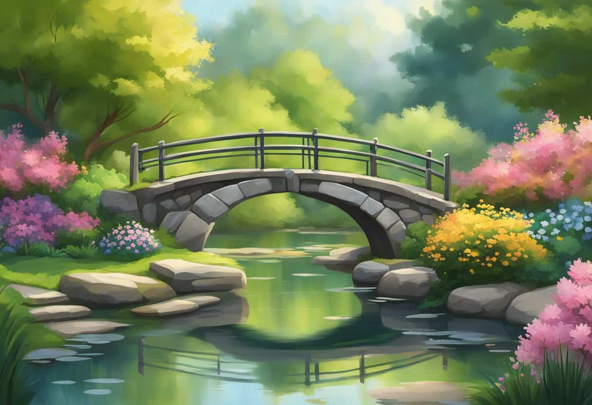 A serene garden with a small stone bridge over a tranquil pond, surrounded by lush greenery and colorful blossoms