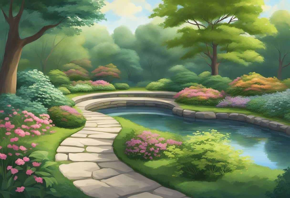 A serene garden with a stone path winding through lush greenery, leading to a tranquil pond reflecting the surrounding trees and sky