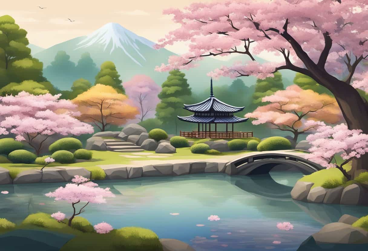 A serene garden with a traditional Japanese rock garden, a small pagoda, and a peaceful pond surrounded by cherry blossom trees