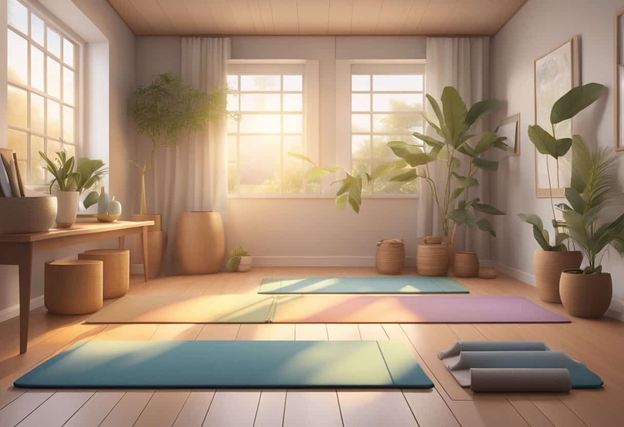 A serene room with yoga mat, blocks, and a laptop displaying an online yoga class. Soft lighting and plants create a calming atmosphere