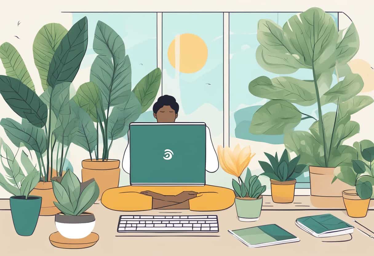 A laptop displaying a yoga session, surrounded by plants and calming decor
