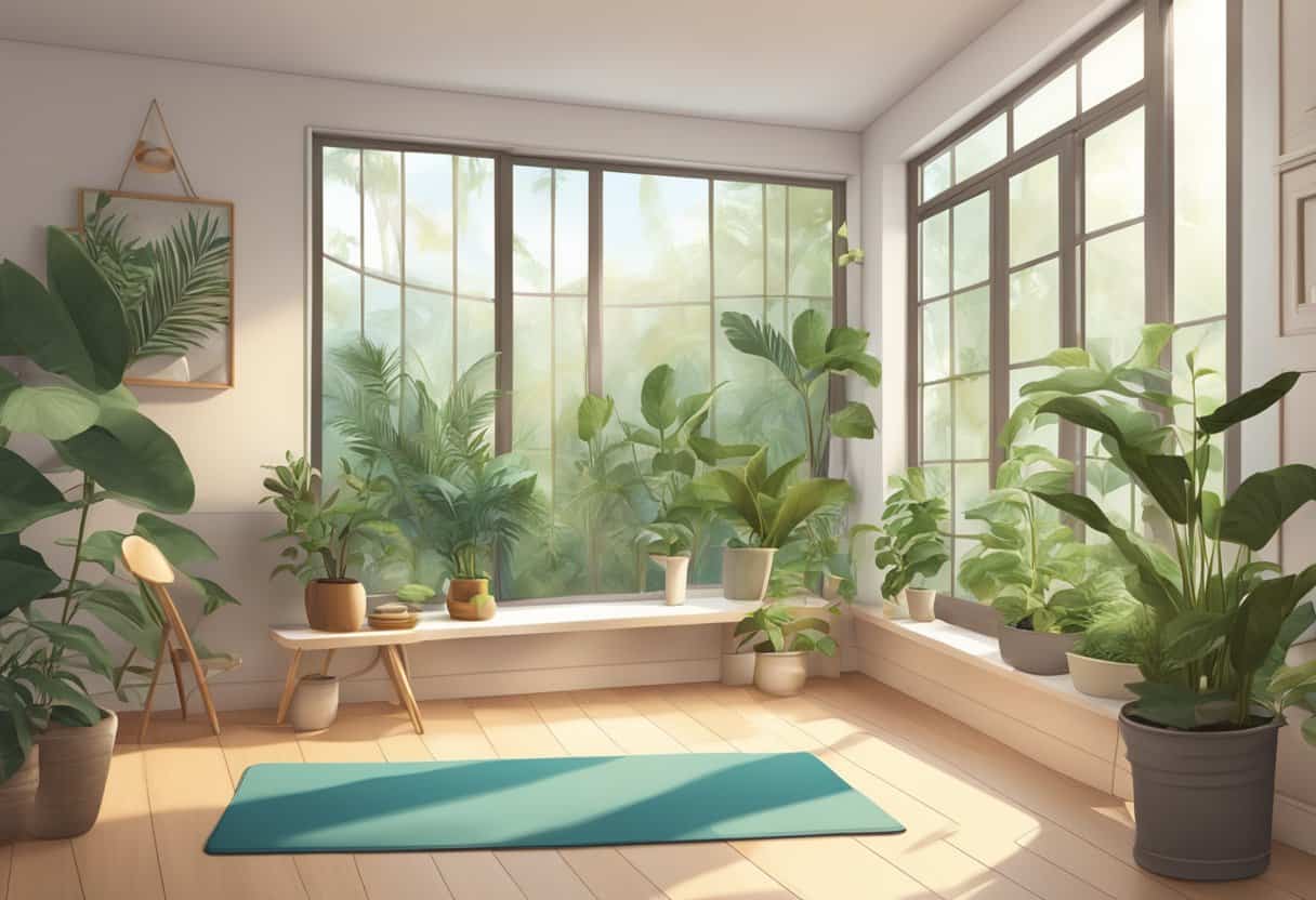 A serene room with a yoga mat, surrounded by plants and natural light