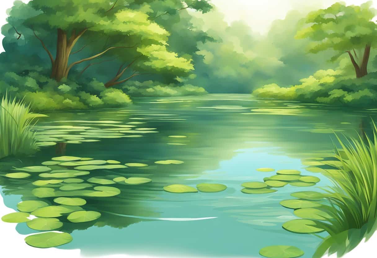 A serene pond surrounded by lush green foliage, with a gentle breeze causing ripples on the water's surface