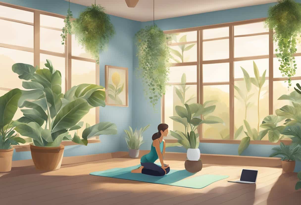 A serene yoga studio with soft lighting, plants, and calming decor, with a laptop or tablet displaying the "Salud y Bienestar Integral yoga online" website