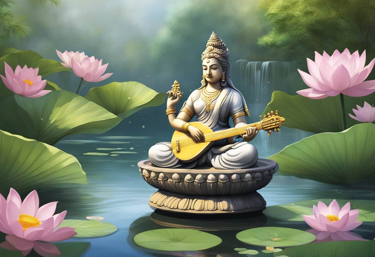 A serene Saraswati statue stands in a tranquil garden, surrounded by blooming lotus flowers and flowing water