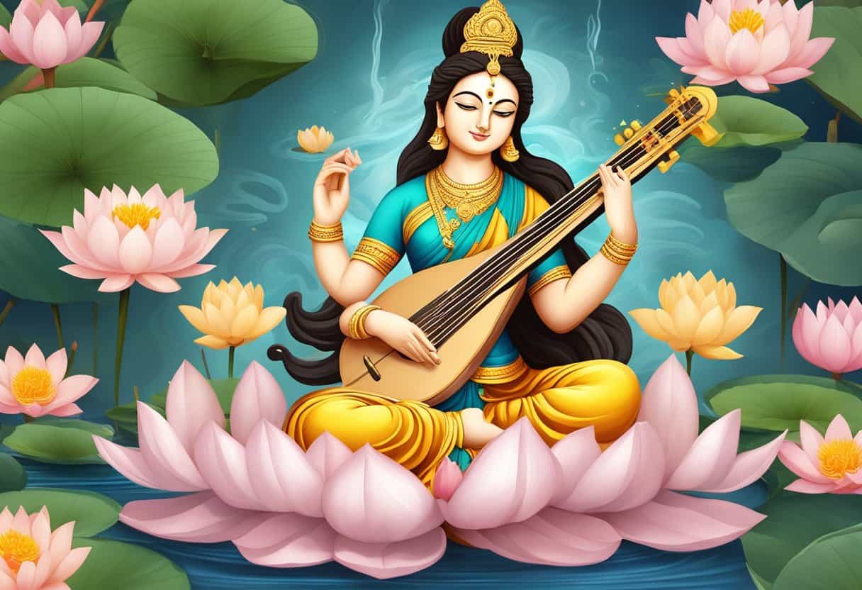 A serene Saraswati statue surrounded by offerings and incense, with a backdrop of flowing water and blooming lotus flowers