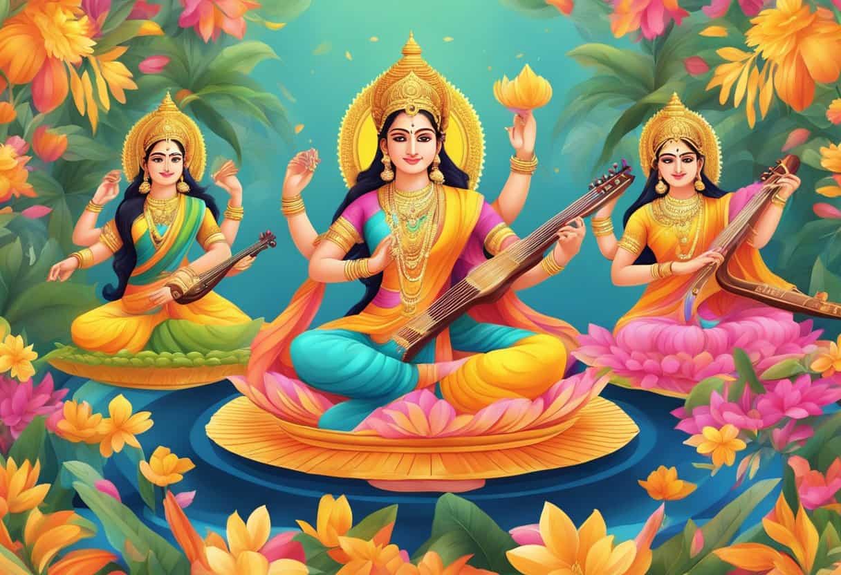 A vibrant festival with colorful decorations, music, and dance, celebrating the cultural and social influence of Saraswati