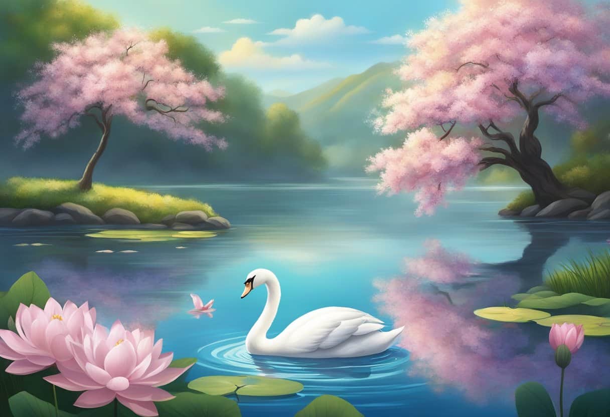 A serene river flows under a blossoming tree while a graceful swan glides across the water, surrounded by floating lotus flowers