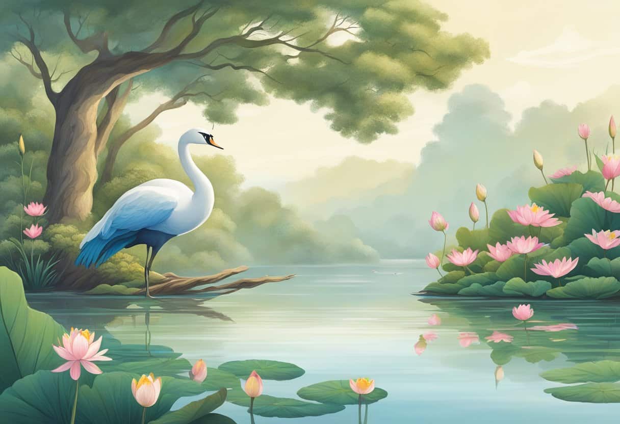 A serene riverbank with lotus flowers, a swan gliding on the water, and a peacock perched on a tree branch