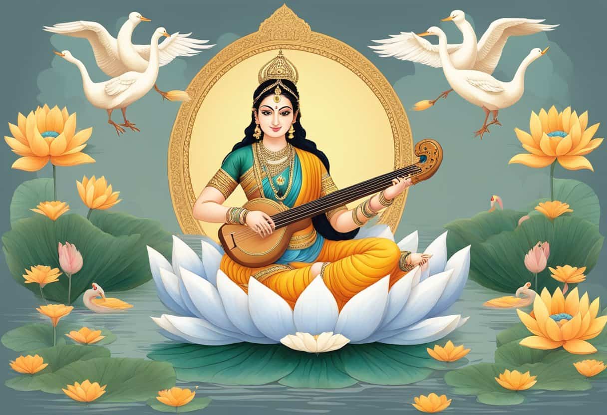 Saraswati, seated on a lotus, playing the veena with four arms, surrounded by swans and a peacock