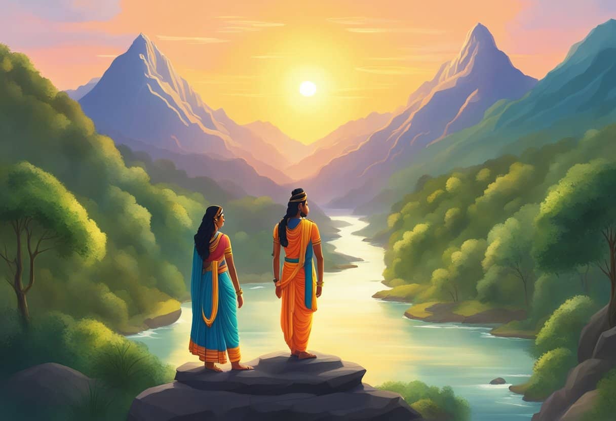 Shiva and Parvati standing on a mountain, surrounded by flowing rivers and lush greenery. The sun sets behind them, casting a warm glow over the scene