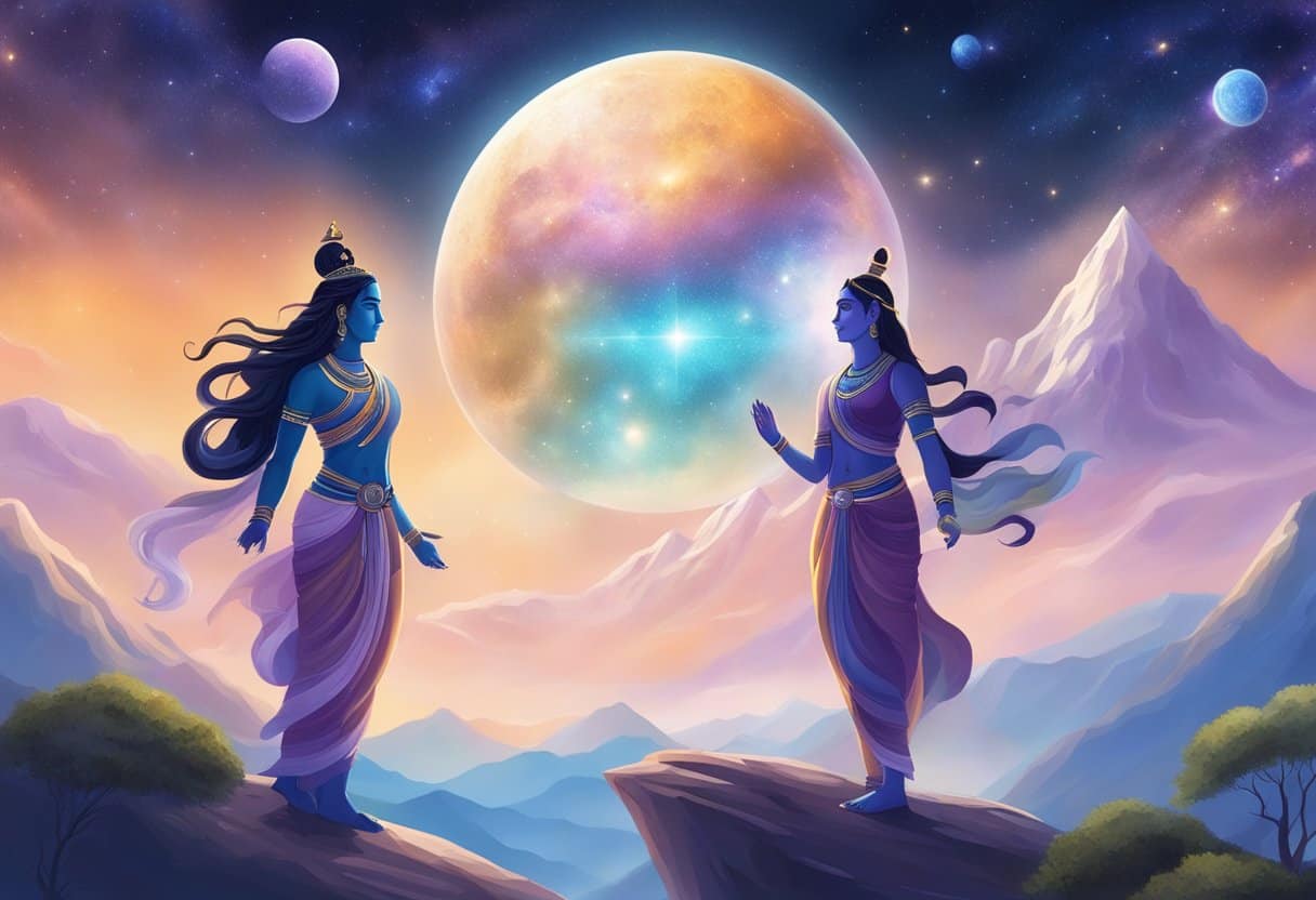 Shiva and Parvati standing on a celestial mountain, surrounded by swirling galaxies and cosmic energy