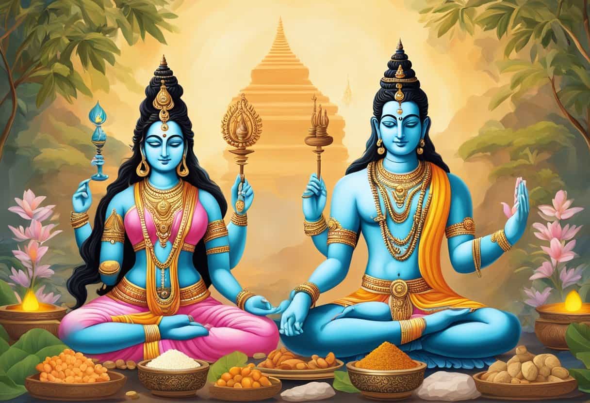 Shiva and Parvati in a meditative pose, surrounded by offerings and incense, with a serene and peaceful atmosphere