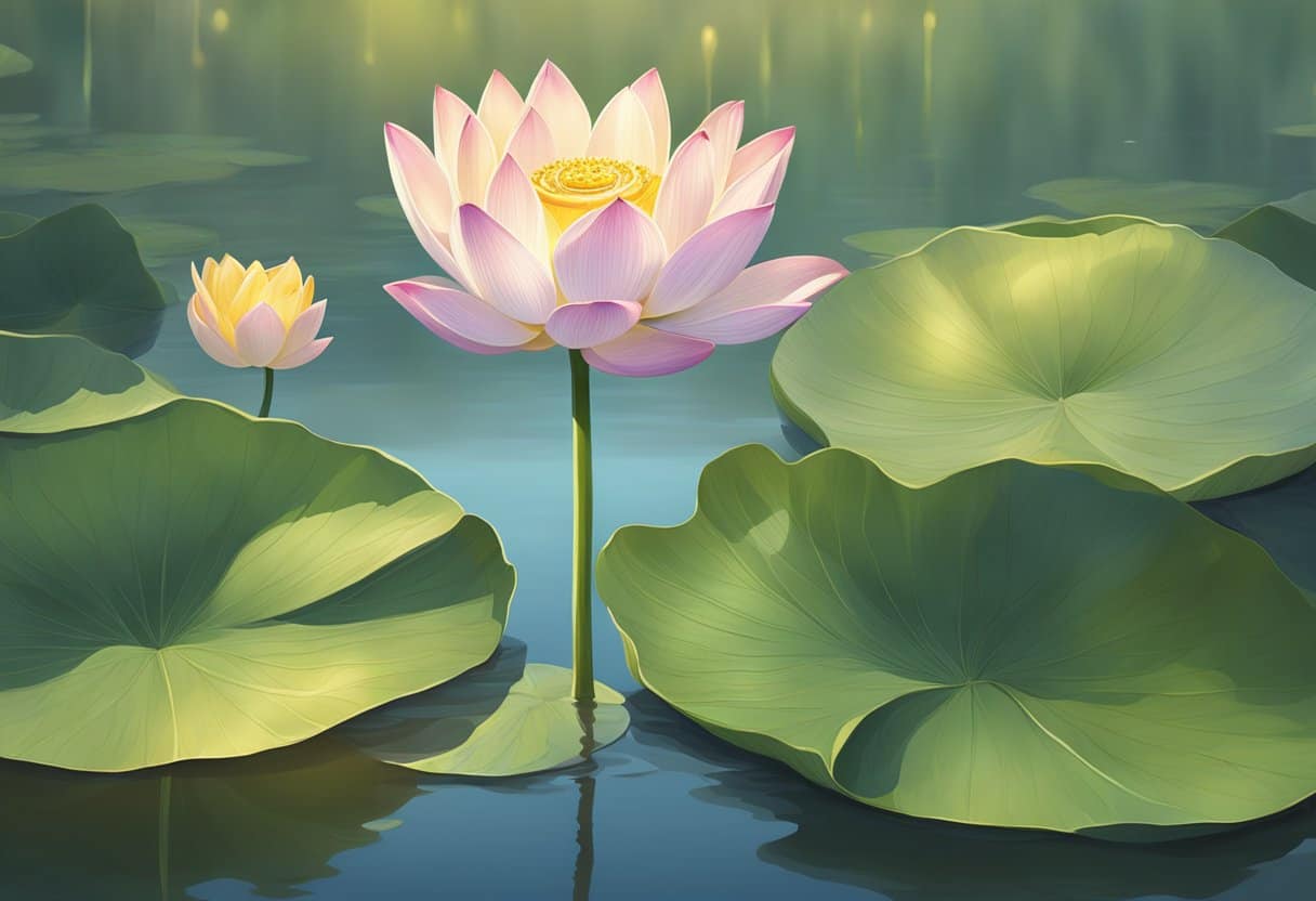 The serene image of a blooming lotus flower, surrounded by still water and bathed in soft, golden light