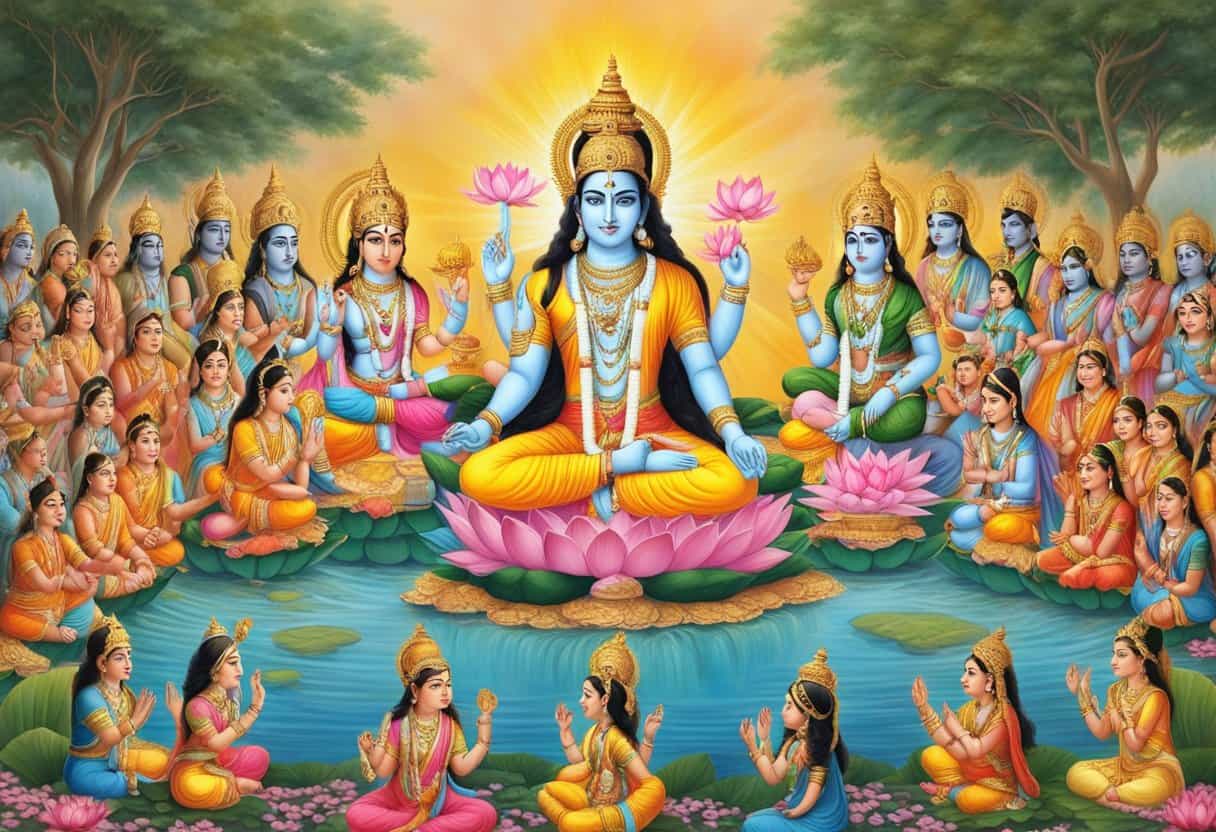 Shiva and Parvati sitting on lotus thrones, surrounded by devotees seeking blessings