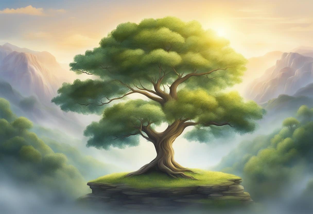 A serene landscape with a solitary tree, symbolizing ishvara pranidhana, the concept of surrender and devotion in yoga philosophy