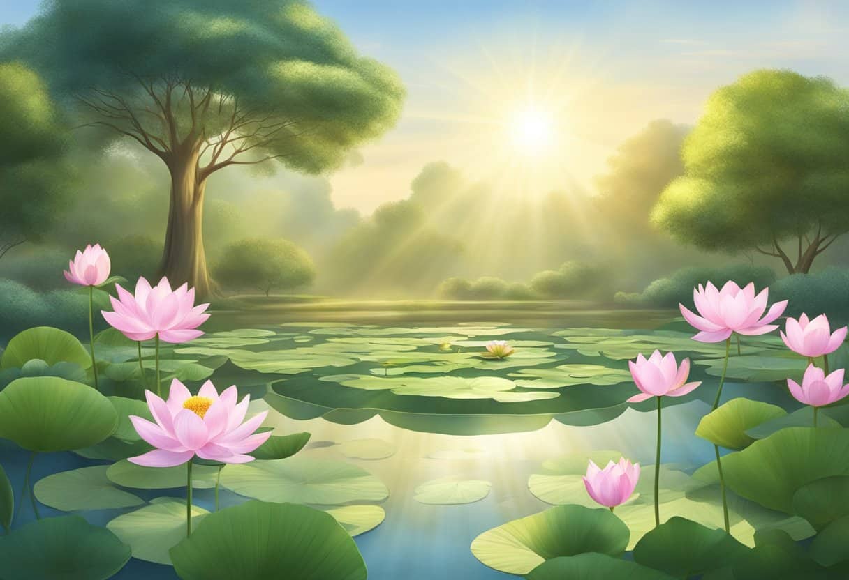A serene garden with a blooming lotus pond, a gentle breeze, and a radiant sun shining down