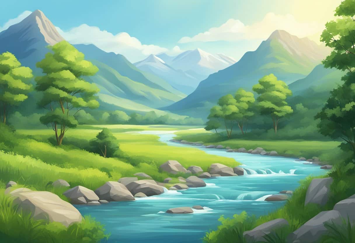 A serene landscape with a tranquil river flowing through lush greenery, surrounded by mountains and a clear blue sky