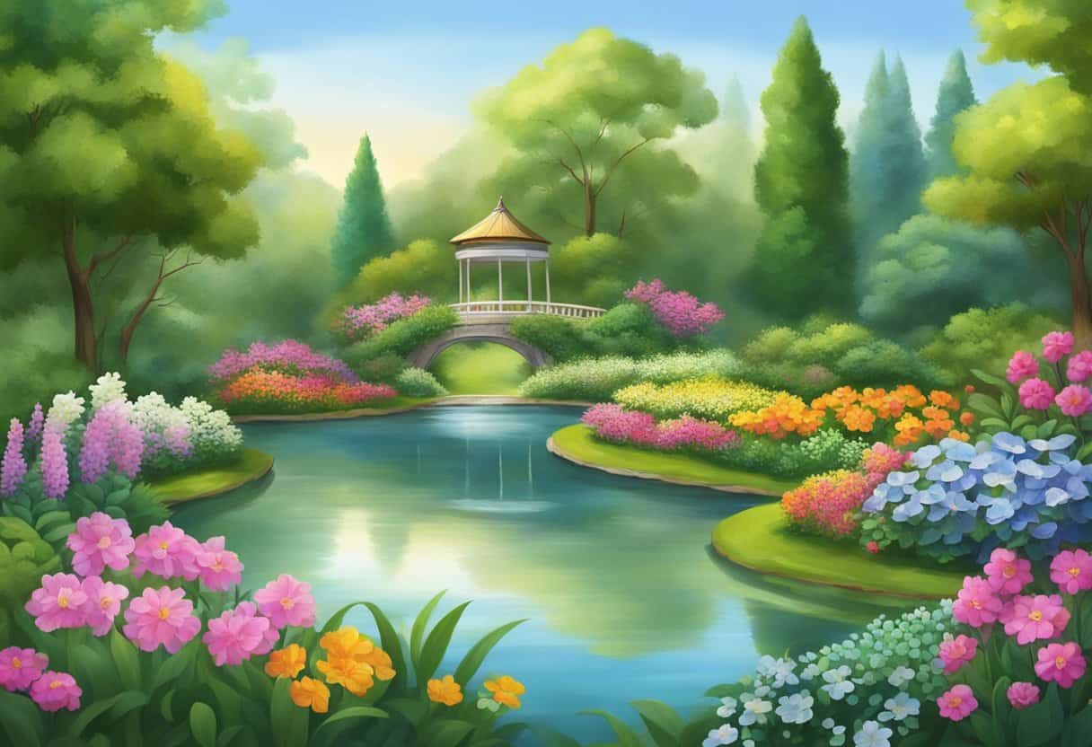 A serene landscape with a tranquil pond surrounded by lush greenery and colorful flowers, with a sense of harmony and peace emanating from the scene