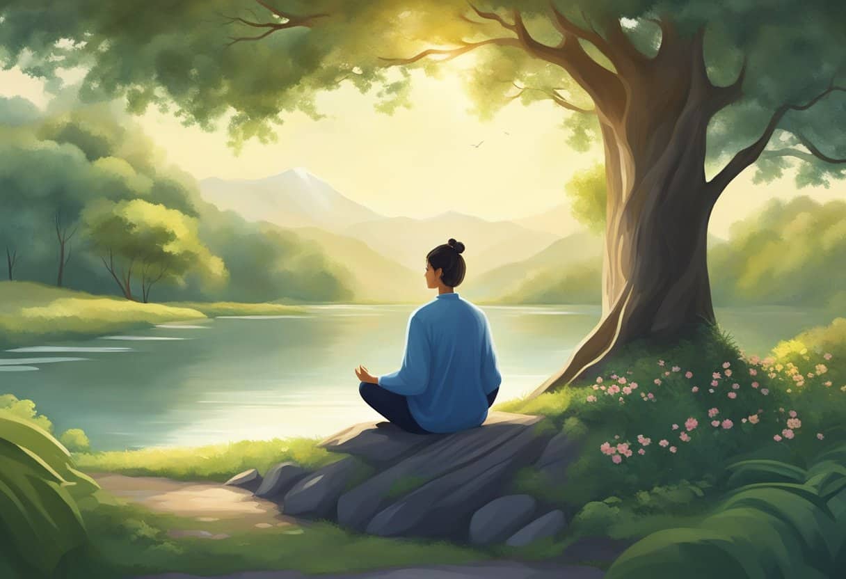 A serene figure meditates under a tree, surrounded by nature and tranquility