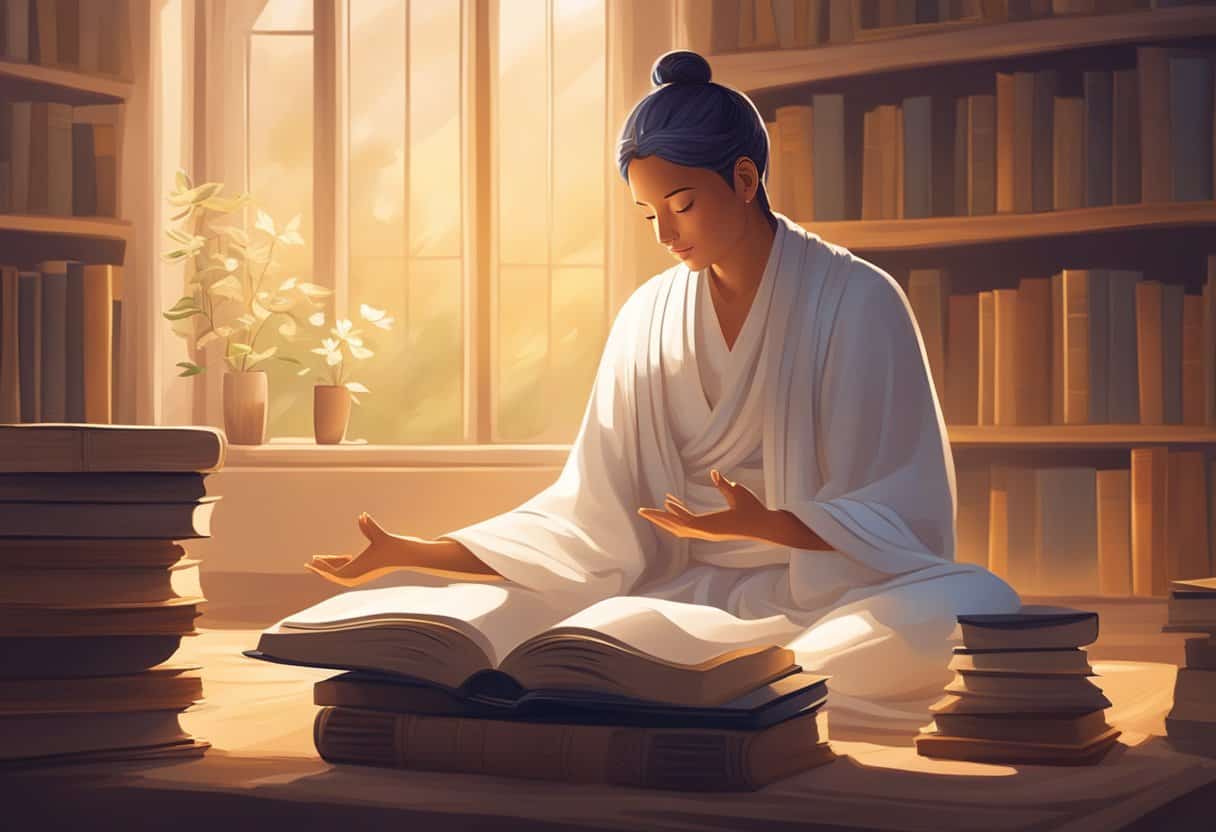 A serene figure meditates in a peaceful natural setting, surrounded by books and scrolls, with a warm light illuminating the scene