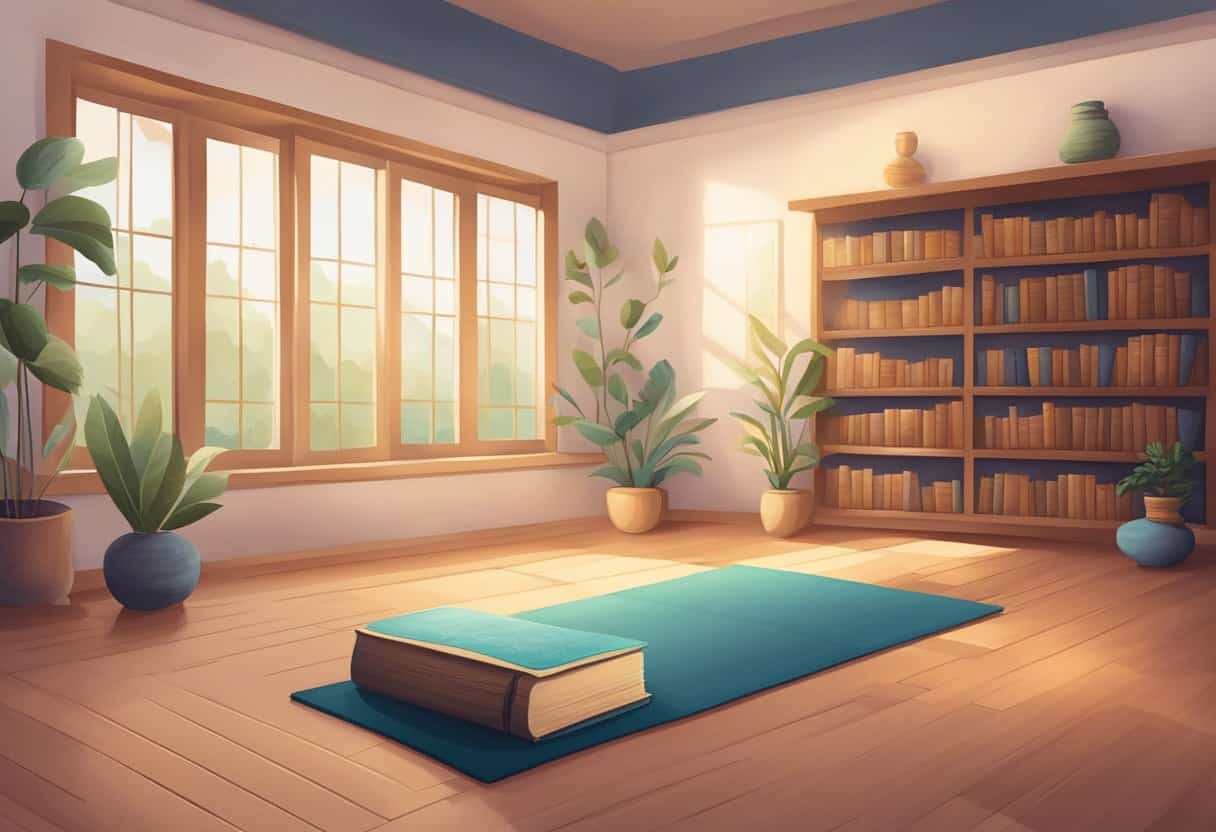 A serene yoga studio with soft lighting, a tranquil atmosphere, and a bookshelf filled with ancient texts on yoga philosophy