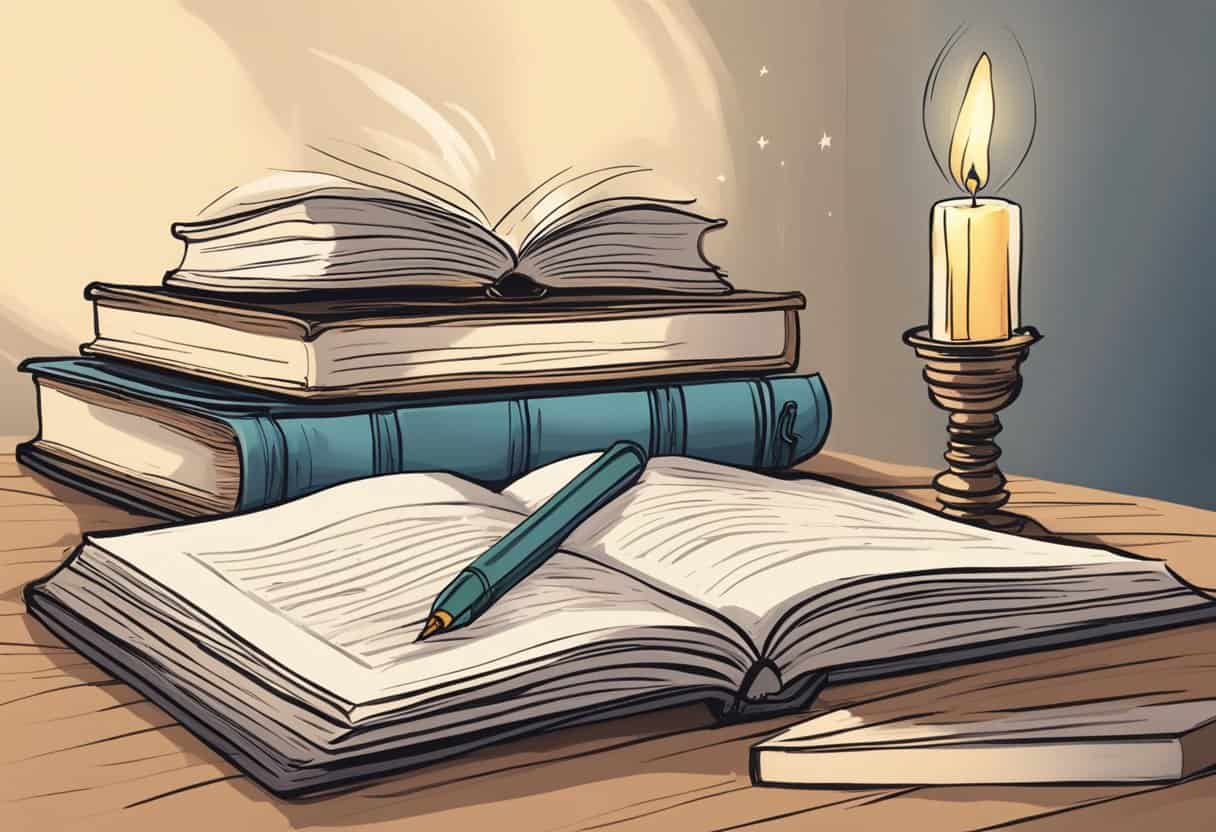 A serene setting with a stack of books, a lit candle, and a journal open to a page of handwritten reflections