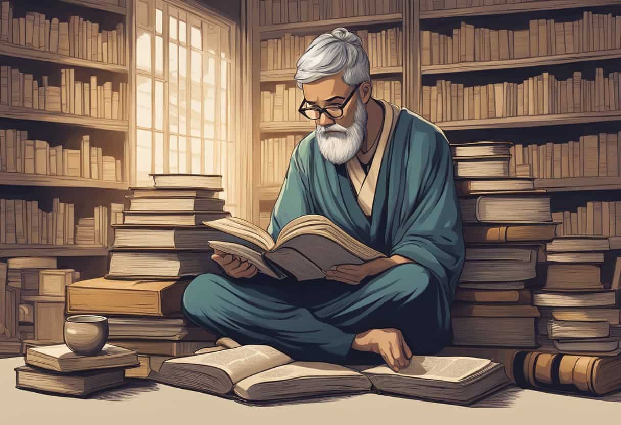 A serene figure sits cross-legged, surrounded by books and scrolls, absorbed in deep study and contemplation