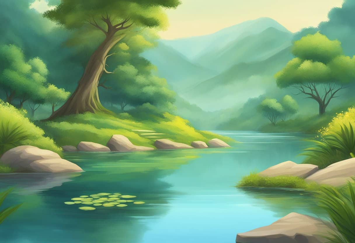The concept of "nirodha" can be depicted through a serene landscape with a calm, still body of water surrounded by lush, tranquil scenery