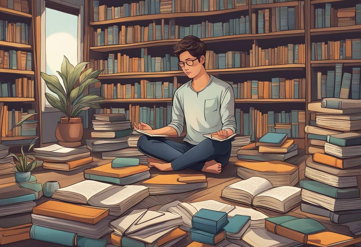 A person sitting in meditation, surrounded by books and journals, reflecting on their thoughts and experiences