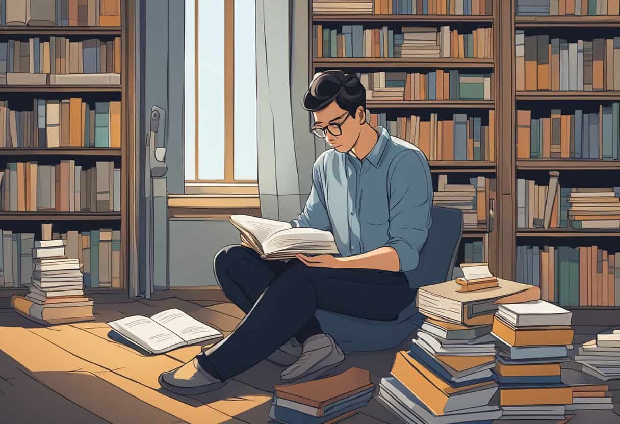 A person sitting in a quiet room, surrounded by books and papers, with a thoughtful expression on their face as they read and contemplate