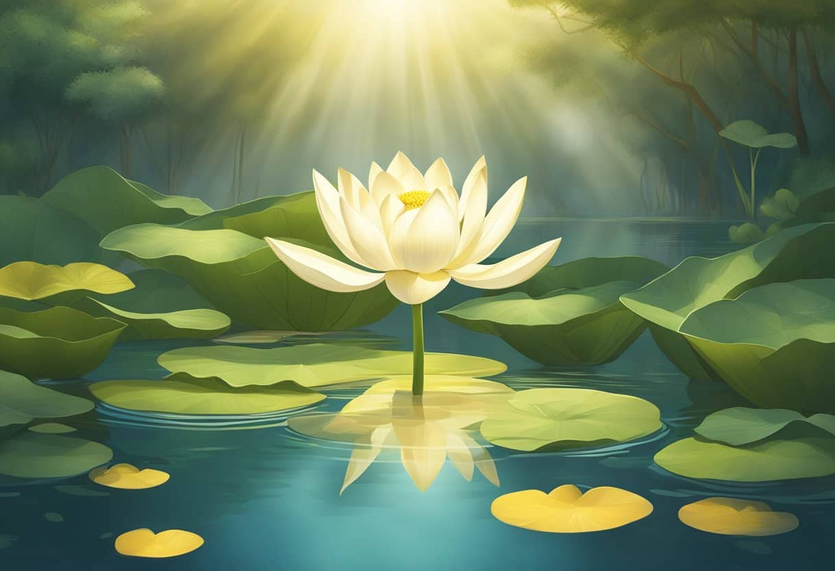 A pristine, serene pond surrounded by lush greenery and blooming flowers