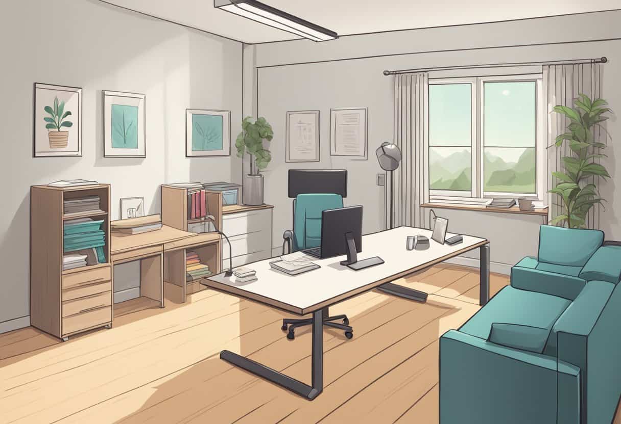 A clean, minimalist room with a neatly organized desk and a sign that reads "Frequently Asked Questions - saucha" displayed prominently on the wall